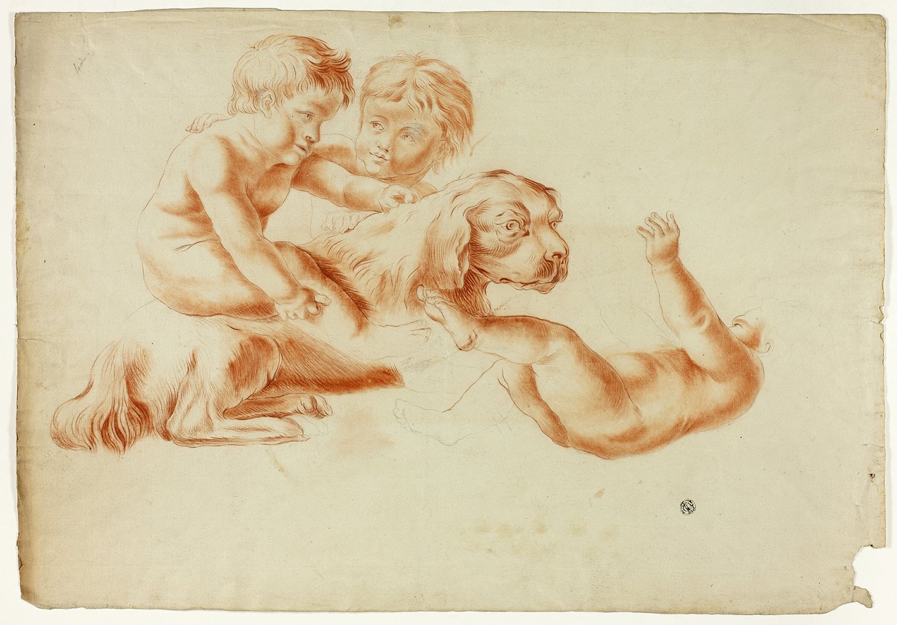 Trzy Putti bawiące się z psem autorstwa Unknown artist