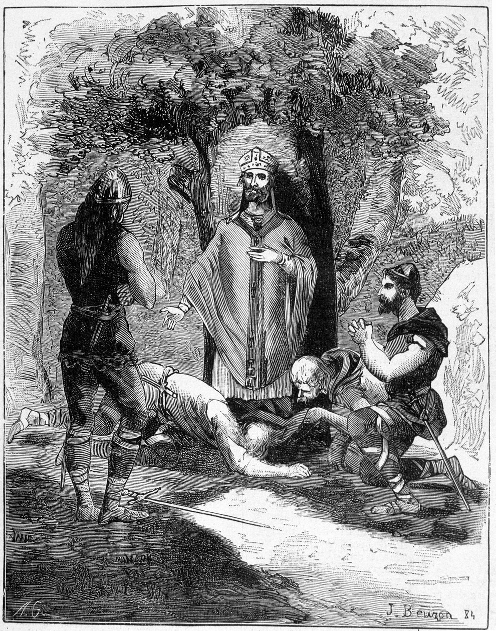 Trzech katów Saint Leger (616-677) rzuciło się do jego stóp prosząc o przebaczenie. Rycina XIX wieku. autorstwa Unknown artist
