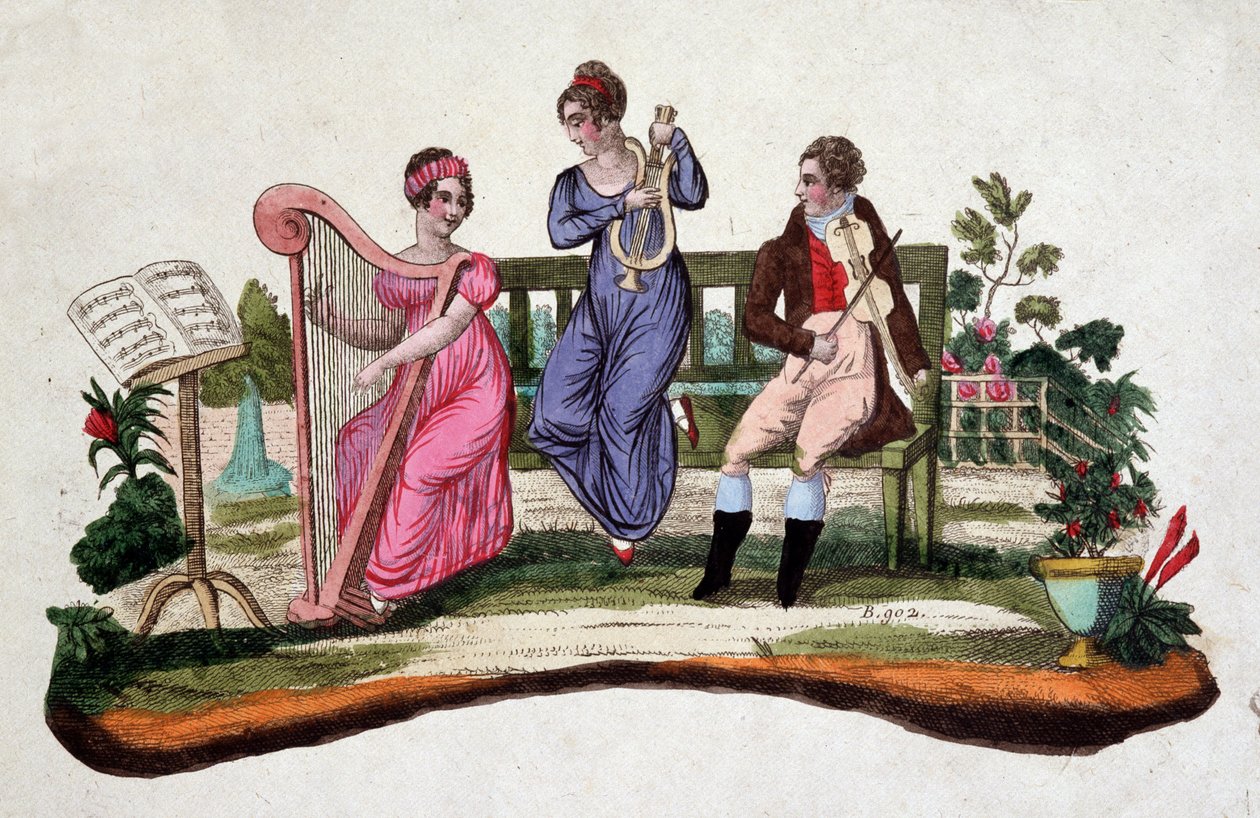 Trzy osoby grające na instrumentach muzycznych w ogrodzie: harfa, lira, altówka. Trawienie SD. XVIII wieku. autorstwa Unknown artist