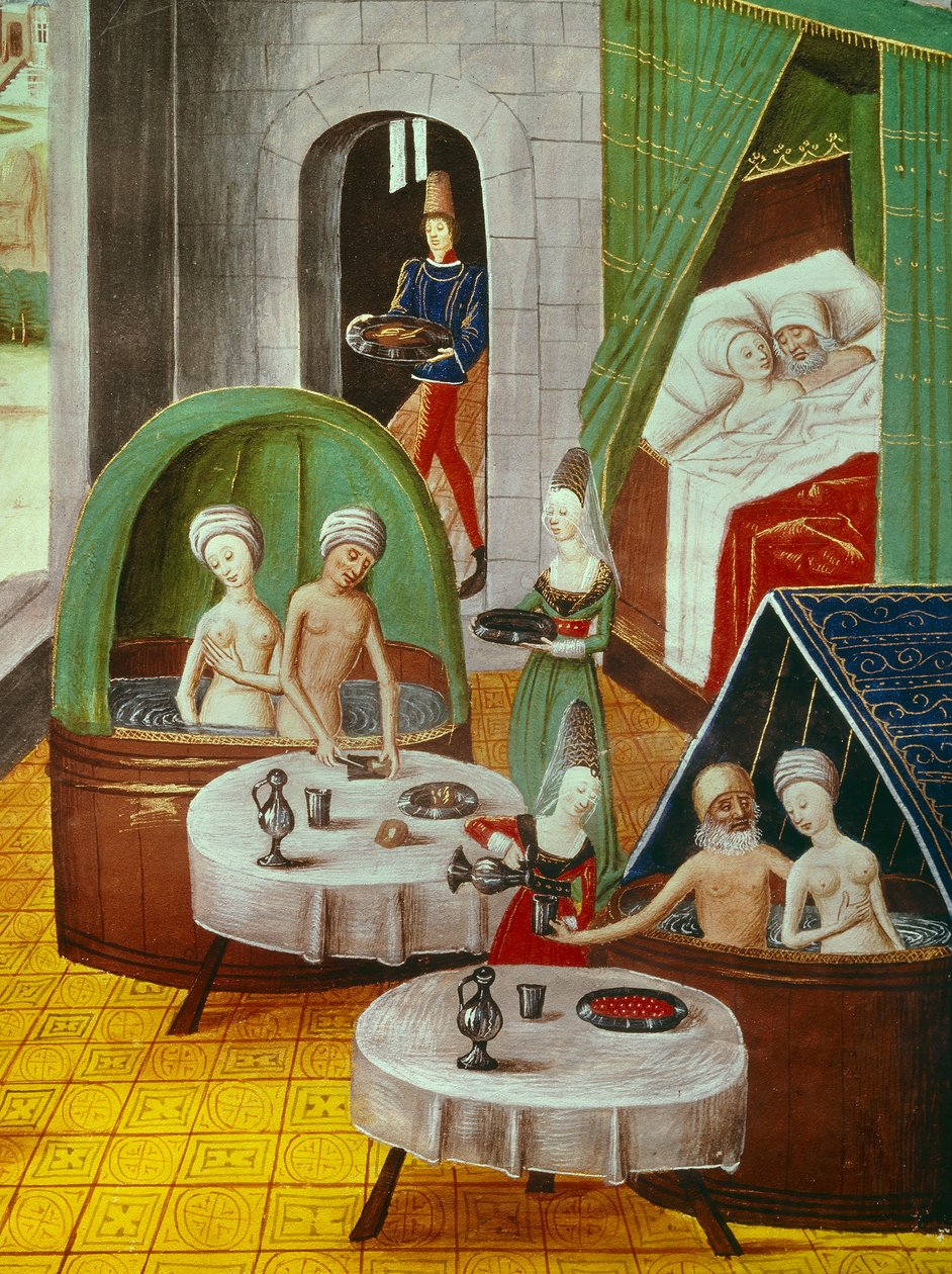 Miniaturka. Wewnątrz „domu łaźni” w średniowieczu autorstwa Unknown artist