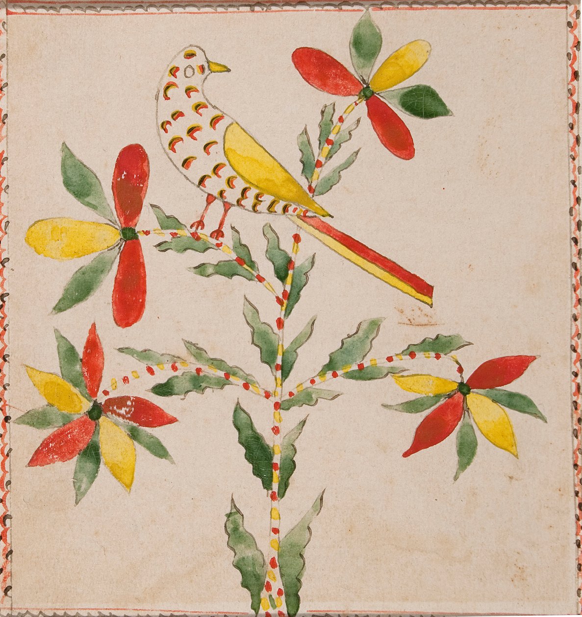 Mały żółty i czerwony ptak na kwitnącej gałązce autorstwa Unknown artist