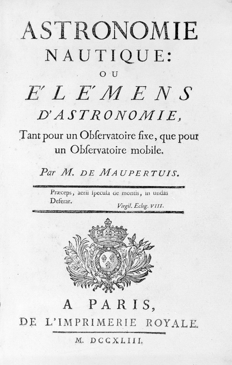 Strona tytułowa Astronomii morskiej: lub Elementy (elementy) astronomii autorstwa M. de Maupertuis (Pierre-Louis Moreau de) (1698 - 1759). 1743. autorstwa Unknown artist