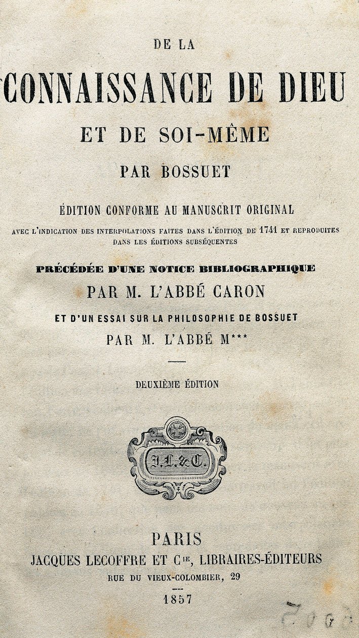 Strona tytułowa „Poznania Boga i samego siebie” francuskiego teologa i biskupa Jacques-Benigne (Jacques Benigne) Bossueta (1627-1704). 1857. autorstwa Unknown artist