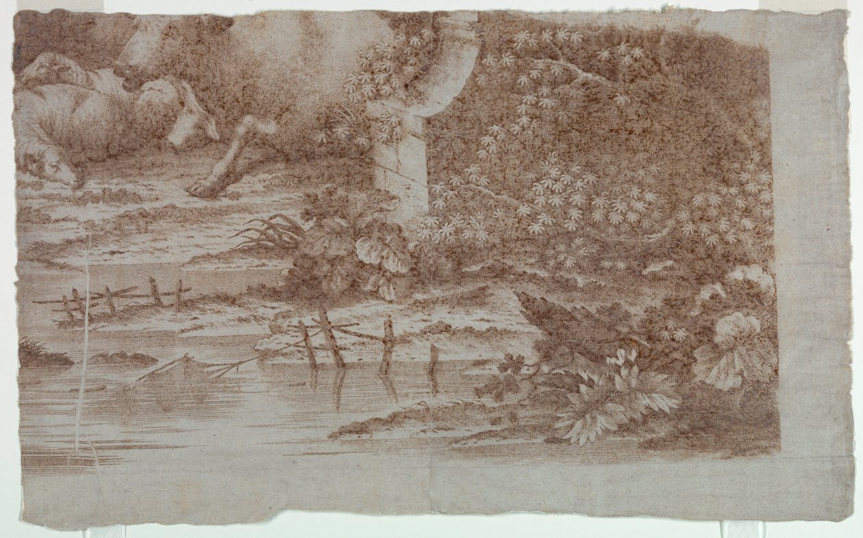 Próbny wydruk na bawełnie: „Scena pasterska z pawiami i drobiem” autorstwa Unknown artist