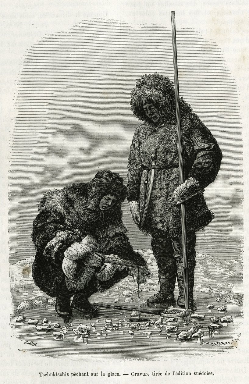 Tschuktschis łowi ryby na lodzie w zatoce Koljutschin (koło polarne). Grawer z wydania szwedzkiego, aby zilustrować opowieść „” Voyage de la Vega around Asia and Euroope””, Nils Adolf Erik (Eric) Baron Nordenskjold (Nordenskiold) (1832-1901), w latach 1878 autorstwa Unknown artist