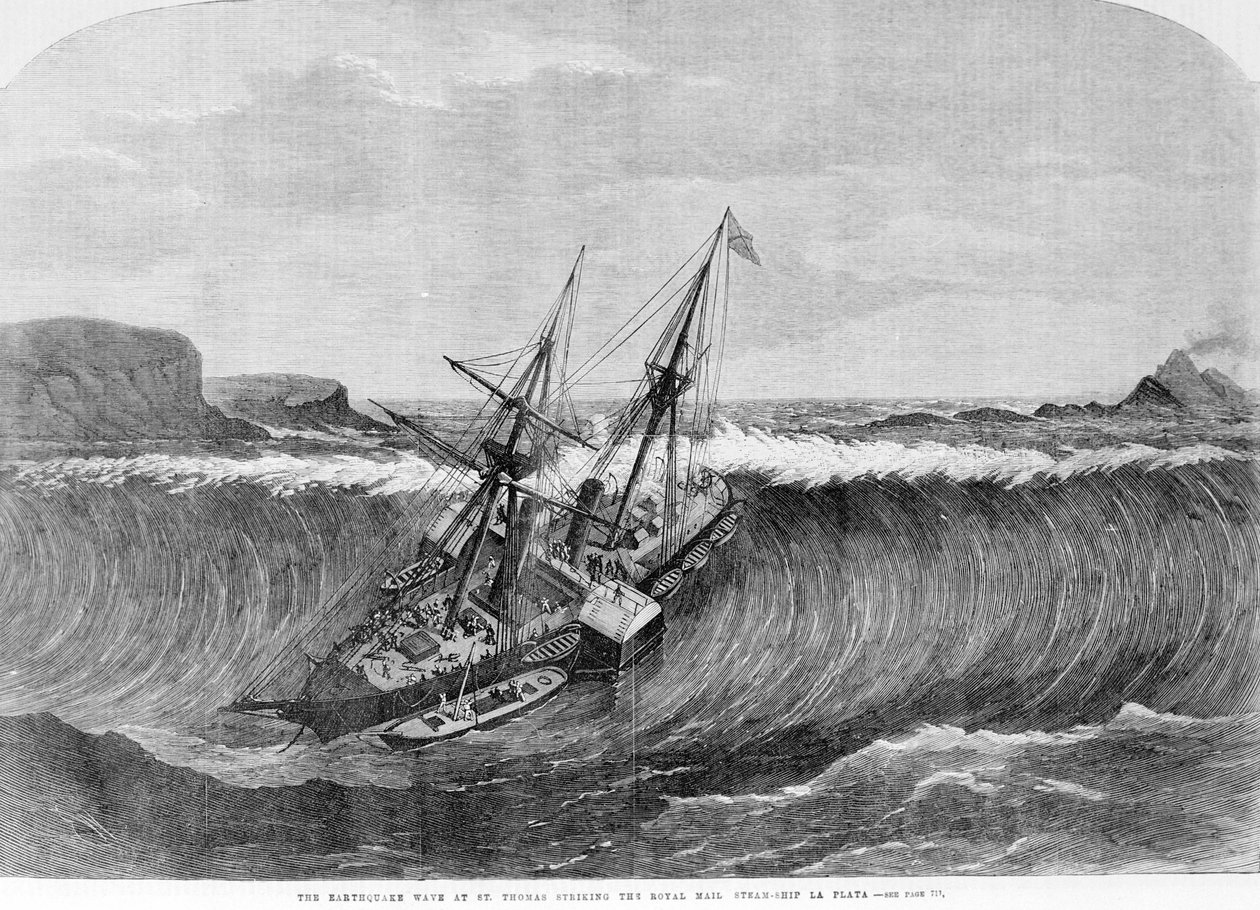 Tsunami 1867. Trzęsienie ziemi w Saint Thomas spowodowało wielkie fale, które uderzyły w liniowiec „La Plata” w 1867 roku. autorstwa Unknown artist