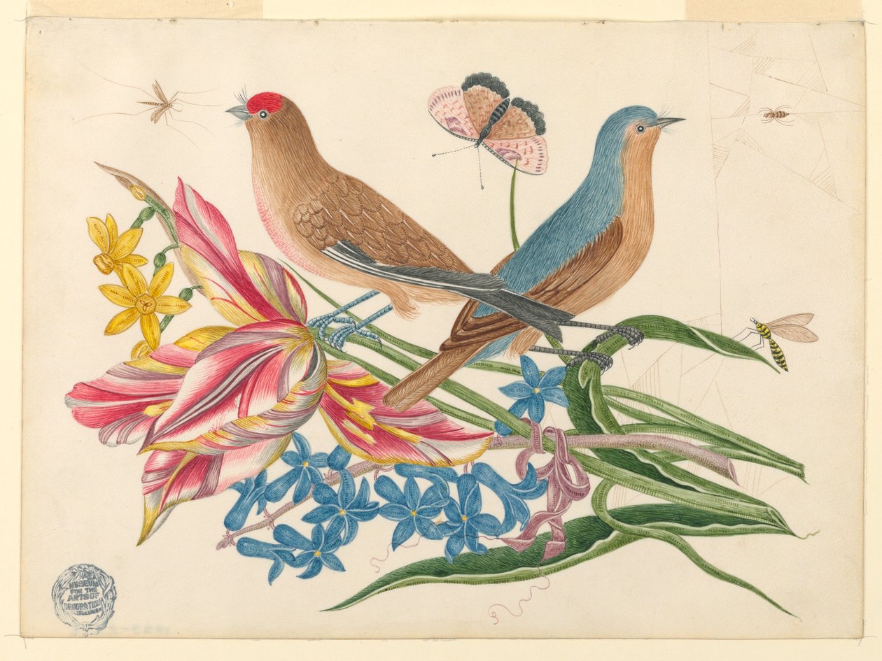 Dwa ptaki na gałęzi tulipanów z owadami autorstwa Unknown artist