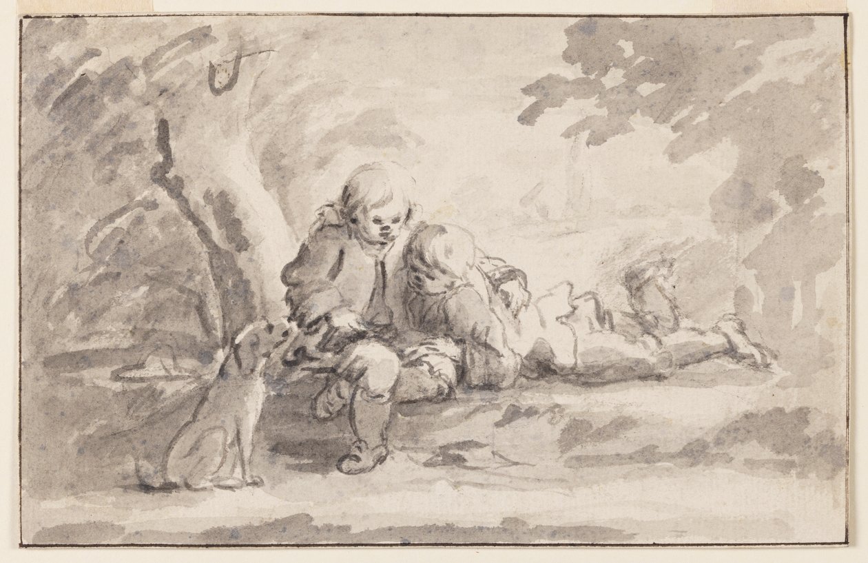 Dwóch chłopców patrzących na książkę autorstwa Unknown artist
