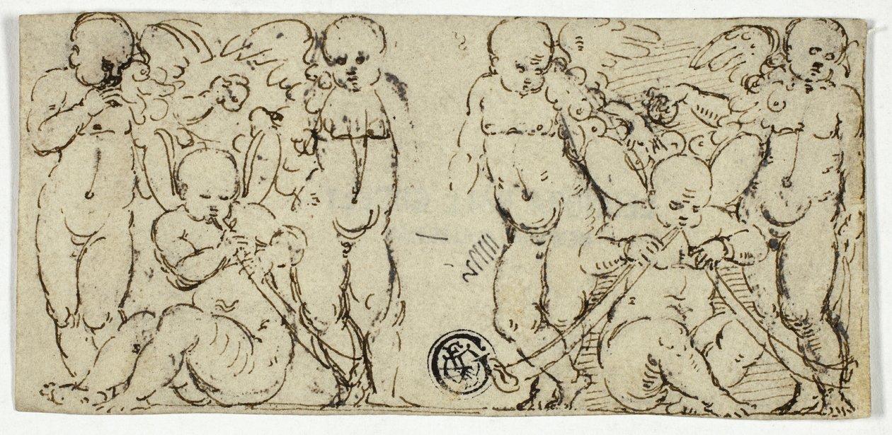 Dwie ozdobne grupy puttów z trąbkami i owocami autorstwa Unknown artist