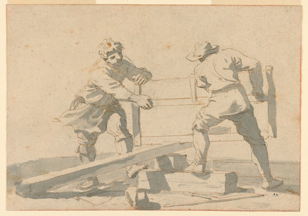 Dwóch mężczyzn piłujących deskę autorstwa Unknown artist