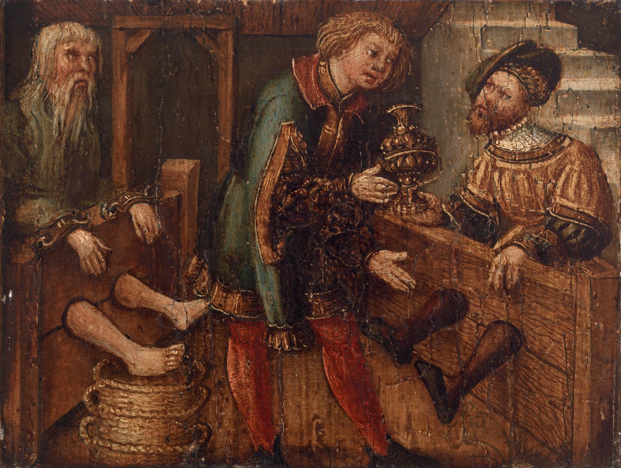 Dwóch mężczyzn w dybach i trzecia postać autorstwa Unknown artist