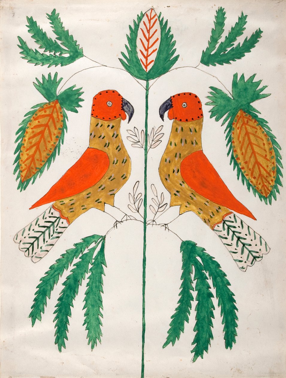 Dwie czerwone i żółte papugi naprzeciw siebie (zielone liście) autorstwa Unknown artist