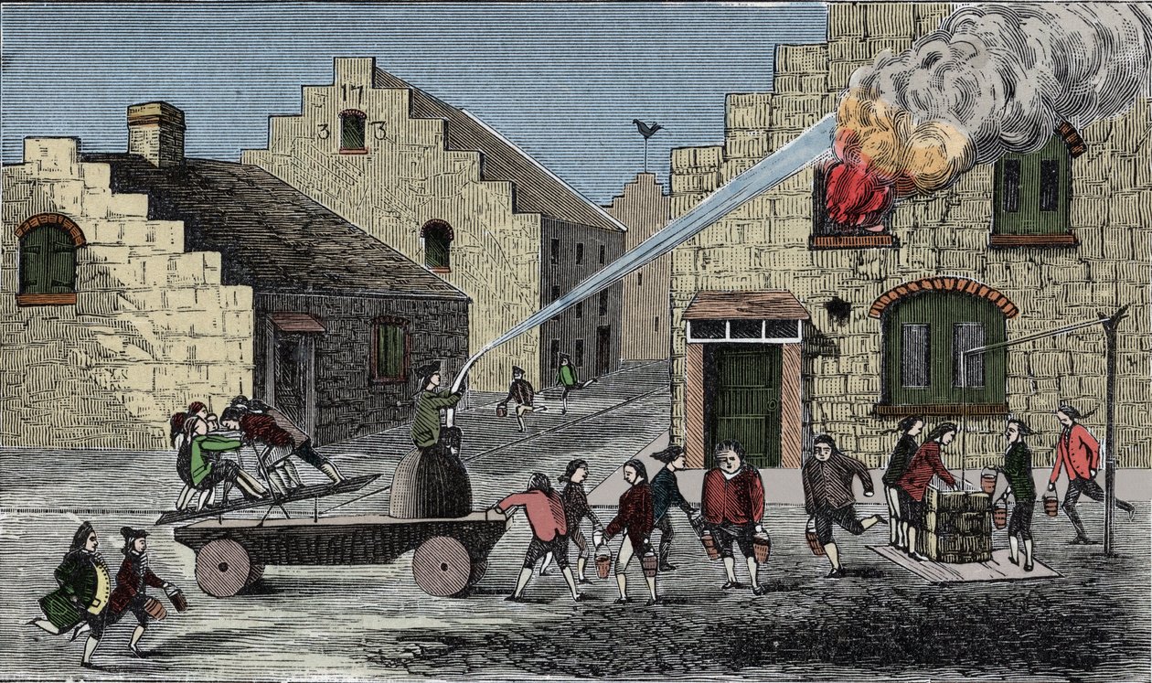 Użycie pompy pożarniczej do gaszenia pożaru. Grawerowanie z 1733 roku. autorstwa Unknown artist