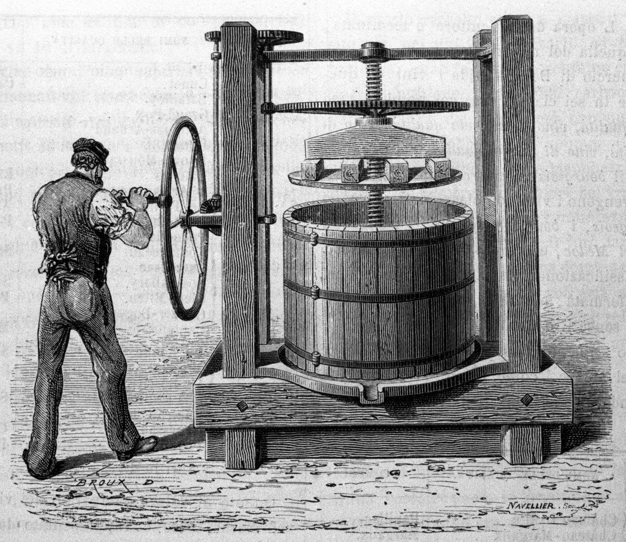 Wykorzystanie prasy do uzyskania wytłoków z winogron w Medoc i Cognac. Rycina z końca XIX wieku autorstwa Unknown artist