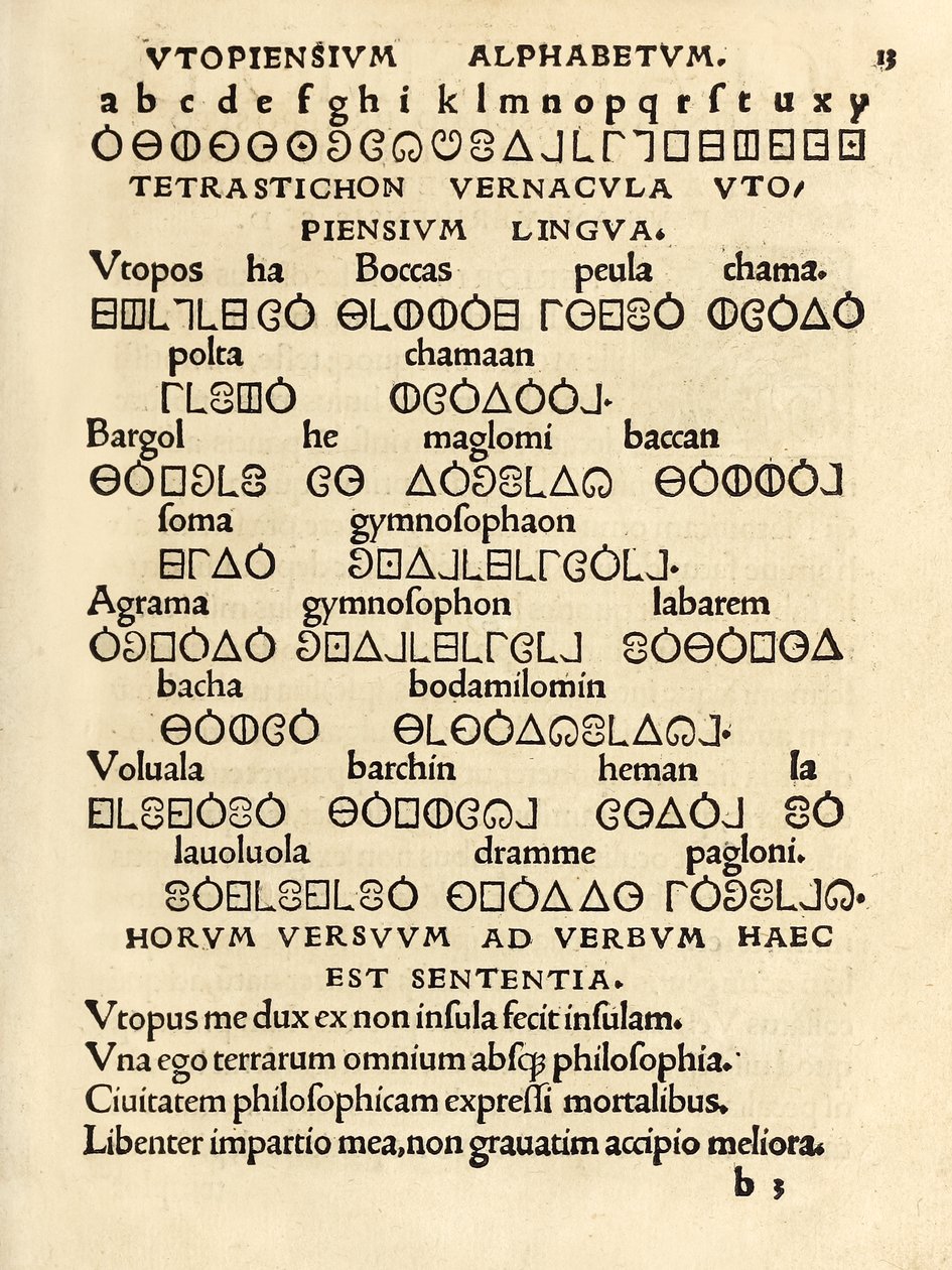 Utopiensium Alphabetum” (Alfabet utopijny) z trzeciego wydania „Utopii” Sir Thomasa More