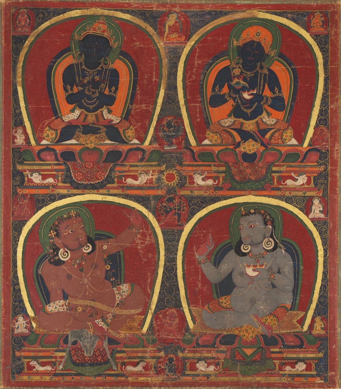 Wadżradhara, Nairatmya i Mahasiddhas Virupa i Kanha autorstwa Unknown artist