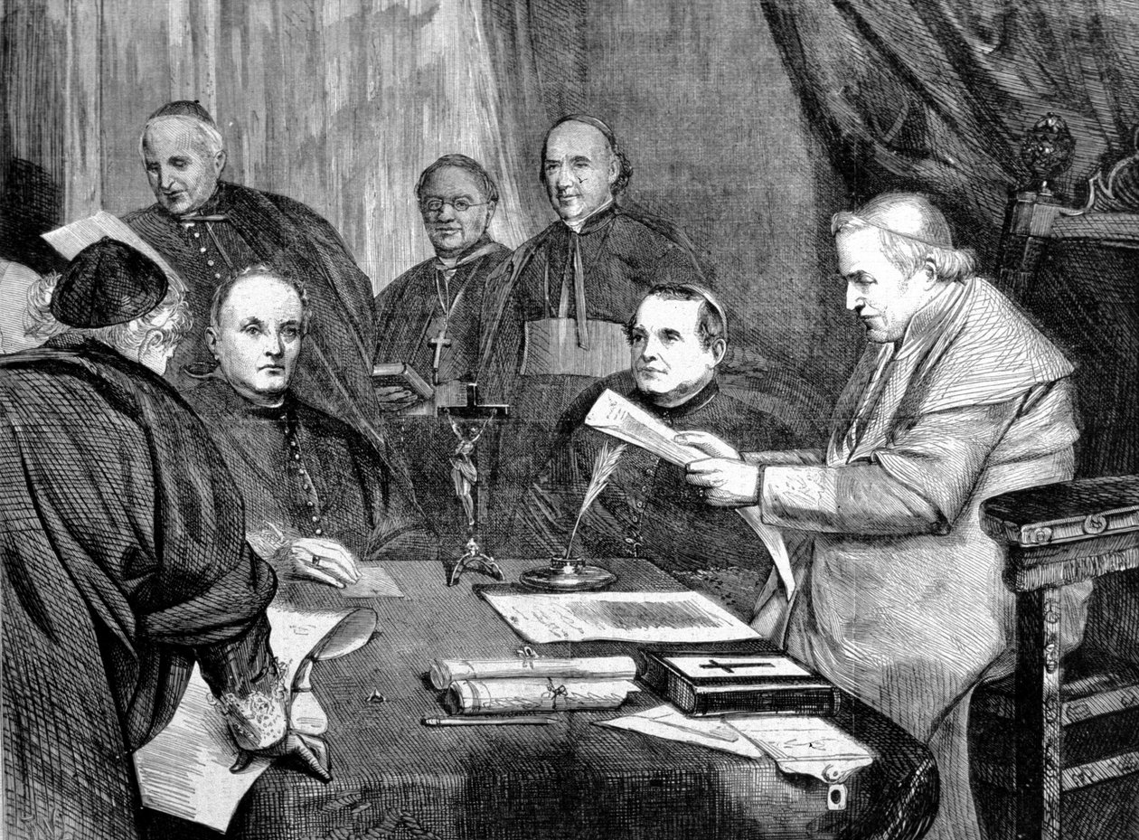 Sobór Watykański I. Papież Pius IX w otoczeniu członków Zarządu Soboru. 1869 autorstwa Unknown artist