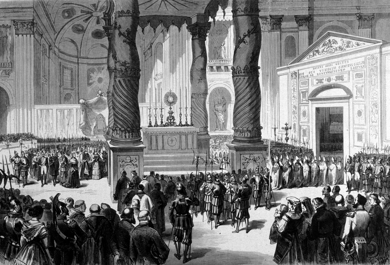 Sobór Watykański I. Rzym. Prałaci przechodzą przez Bazylikę św. Piotra do Sali Soboru. 1870 autorstwa Unknown artist