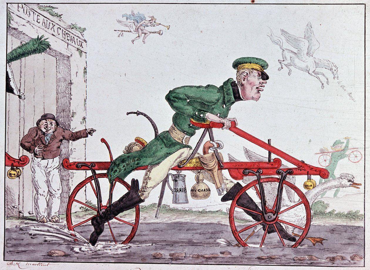 Welocypedy na rowerku biegowym - karykatura na Baronie Drais autorstwa Unknown artist