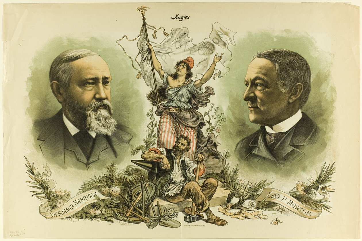 Zwycięskie portrety Benjamina Harrisona i Levi P. Mortona, od Judge autorstwa Unknown artist