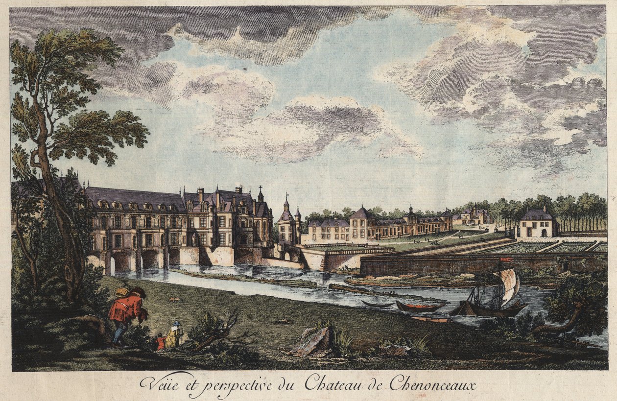 Widok i perspektywa ryciny zamku Chenonceau w Indre-et-Loire (Francja) z XVIII wieku autorstwa Unknown artist