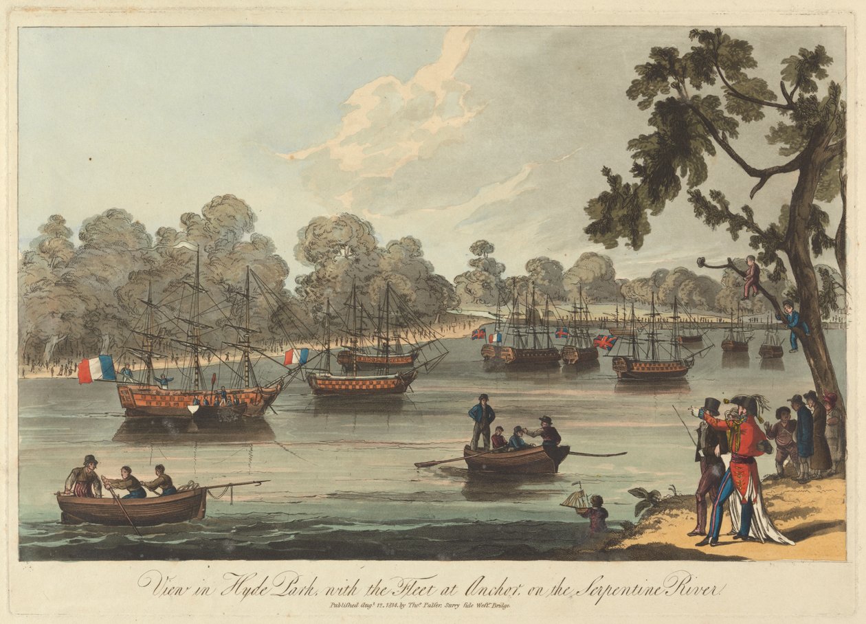 Widok w Hyde Parku, z flotą na kotwicy na rzece Serpentine, 12 sierpnia 1814 autorstwa Unknown artist