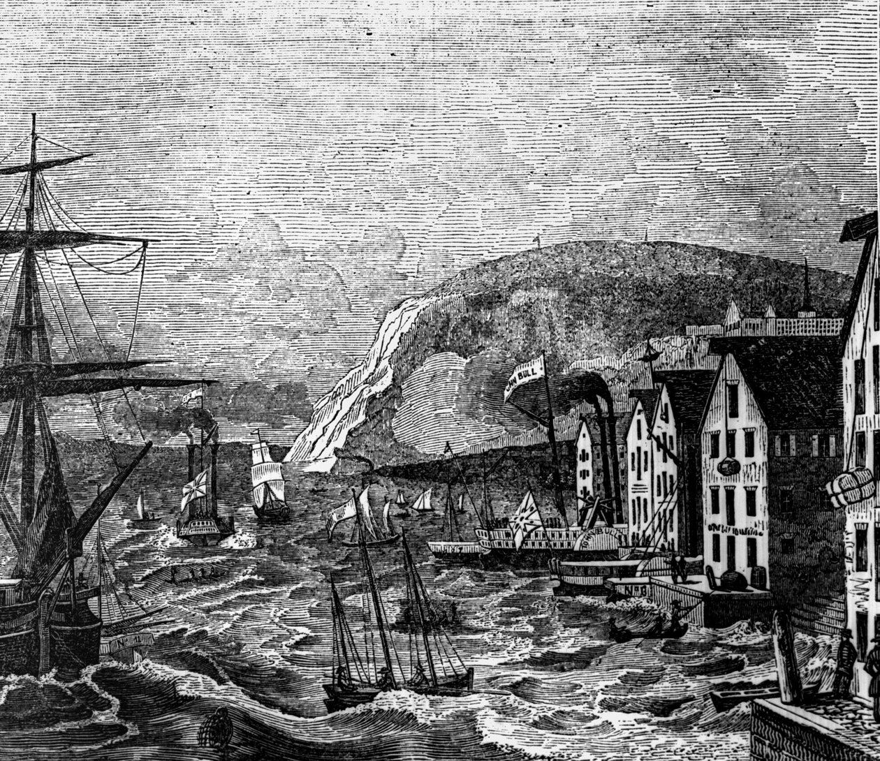 Widok na Cap Diamant, gdzie znajduje się część Quebecu, Quebec. (Kanada), rycina z 1810 r. autorstwa Unknown artist