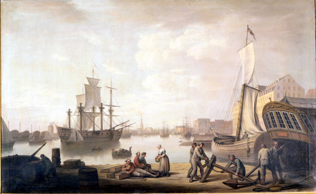 Widok na port w Kopenhadze w Danii. XVIII-wieczne malarstwo autorstwa Unknown artist