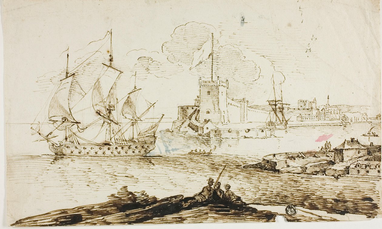 Widok na port ufortyfikowanego miasta autorstwa Unknown artist
