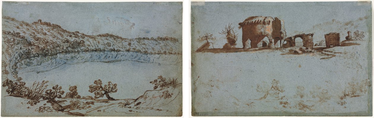 Widok na jezioro Nemi (recto) Mała grupa rzymskich ruin (verso) autorstwa Unknown artist