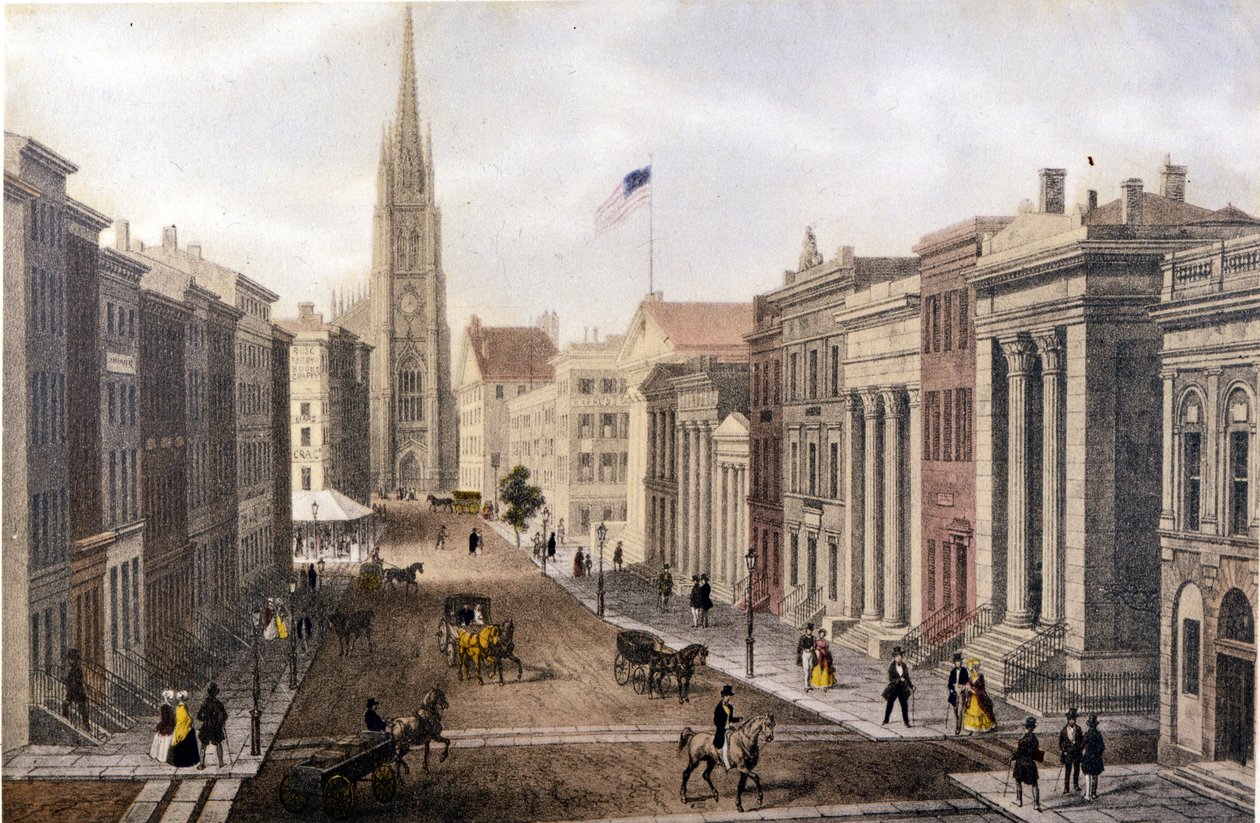 Widok na Nowy Jork: widok z Wall Street na William Street. Litografia SD. około połowy XIX wieku. autorstwa Unknown artist