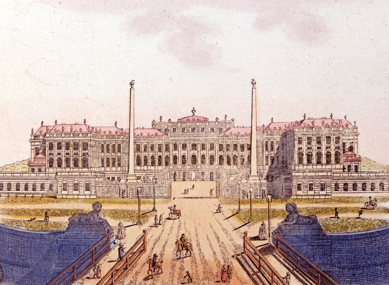 Widok zamku Schonbrunn, dawnej rezydencji austriackiej rodziny cesarskiej, Wiedeń, Austria, rycina z 1820 r. autorstwa Unknown artist