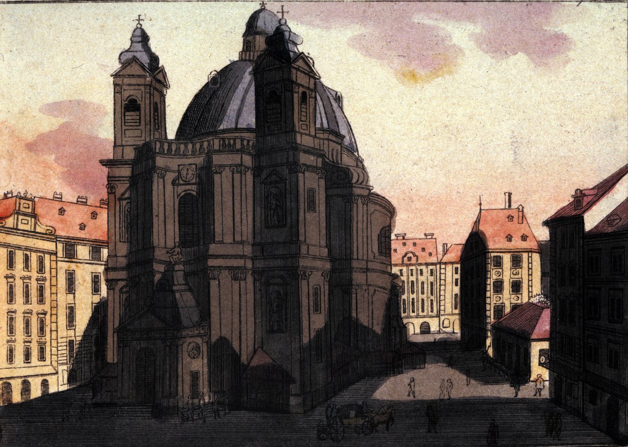 Widok na plac św. Piotra i kościół w Wiedniu, Austria Grawerowanie z 1820 r. autorstwa Unknown artist