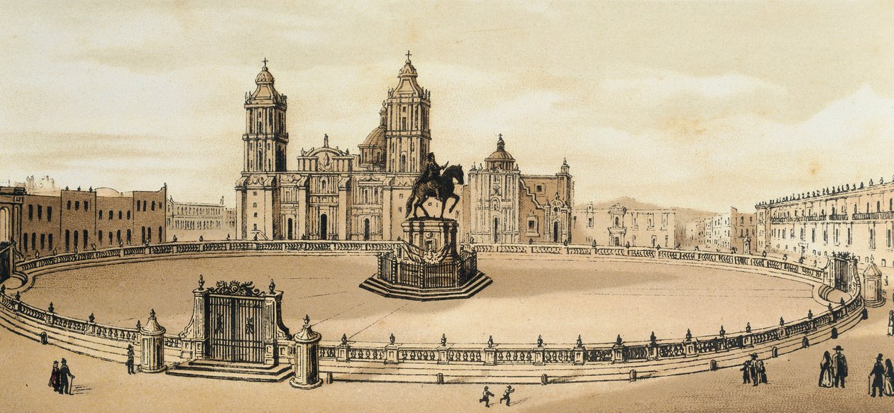 Widok na plac Zocalo i katedrę w Mexico City, Meksyk Litografia z końca XIX wieku autorstwa Unknown artist