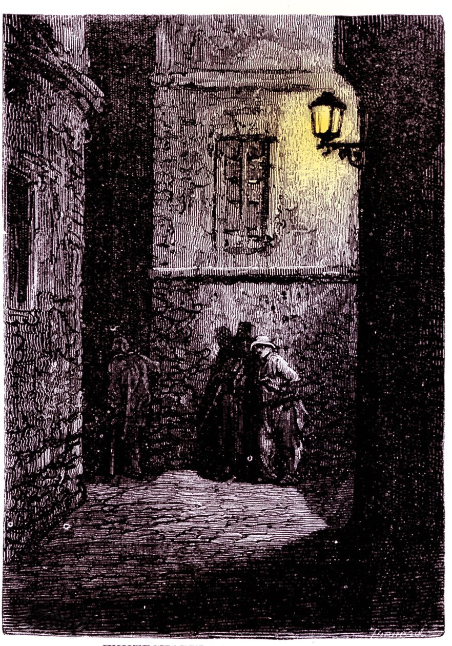 Widok na ciemną uliczkę w londyńskiej dzielnicy Whitechapel. Grawerowanie z XVIII wieku autorstwa Unknown artist