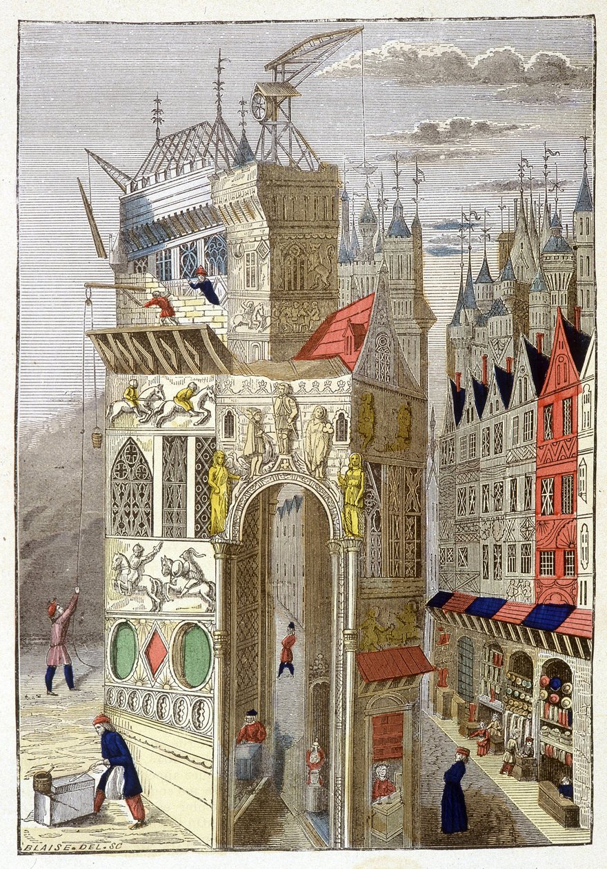 Widok na rue de Paris w XV wieku, z domami z muru pruskiego i kościołem w budowie. autorstwa Unknown artist