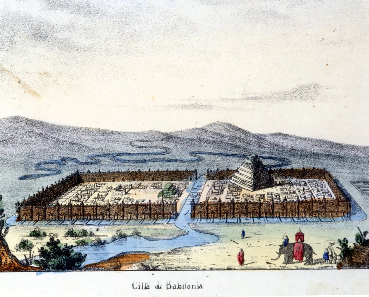 Widok starożytnego Babilonu: w centrum świątynia i wiszące ogrody. Płonący sd. początek XIX wieku. autorstwa Unknown artist