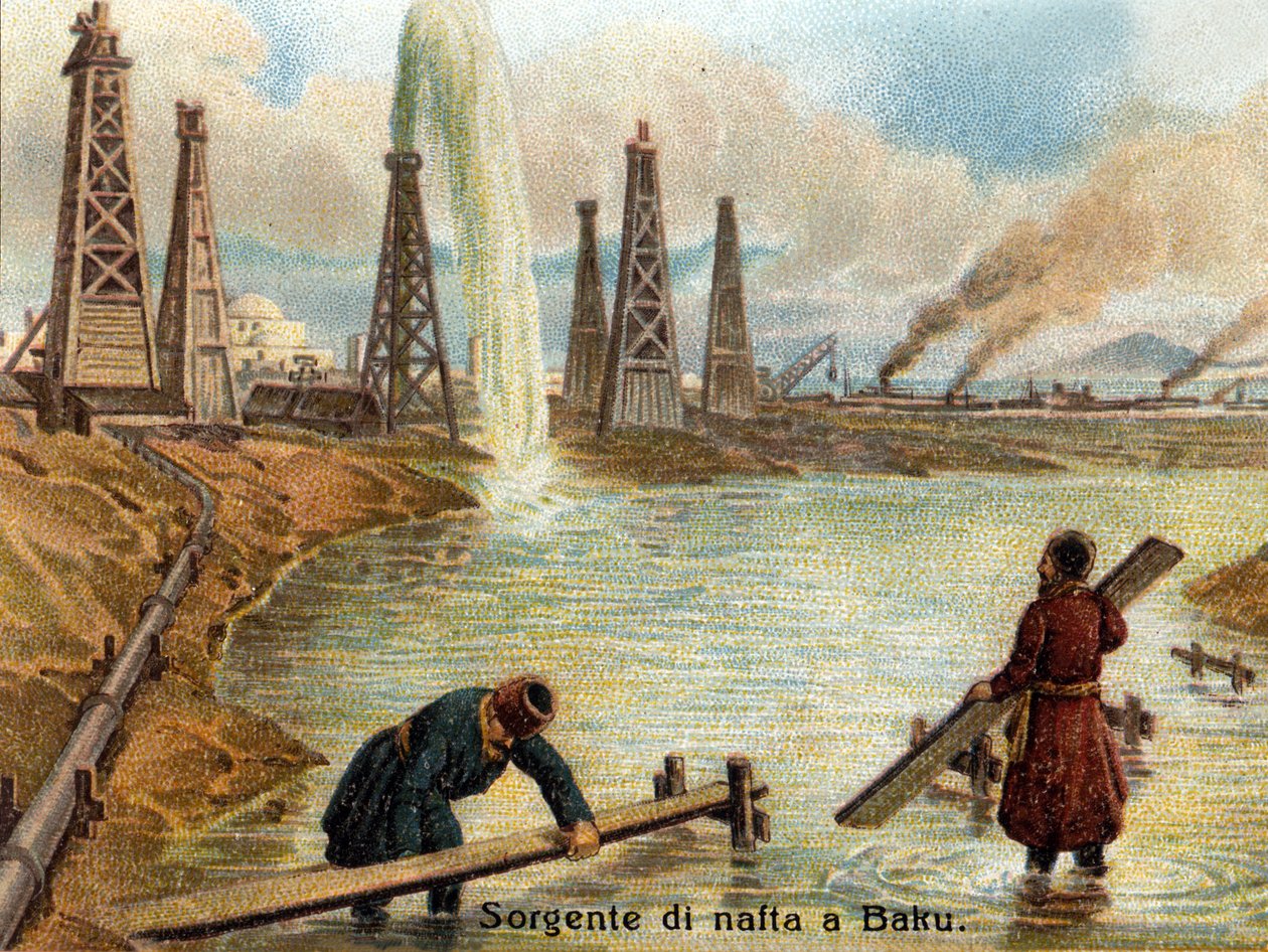 Widok szybów naftowych w Baku, Azerbejdżan. chromolitografia z około 1890 roku. autorstwa Unknown artist