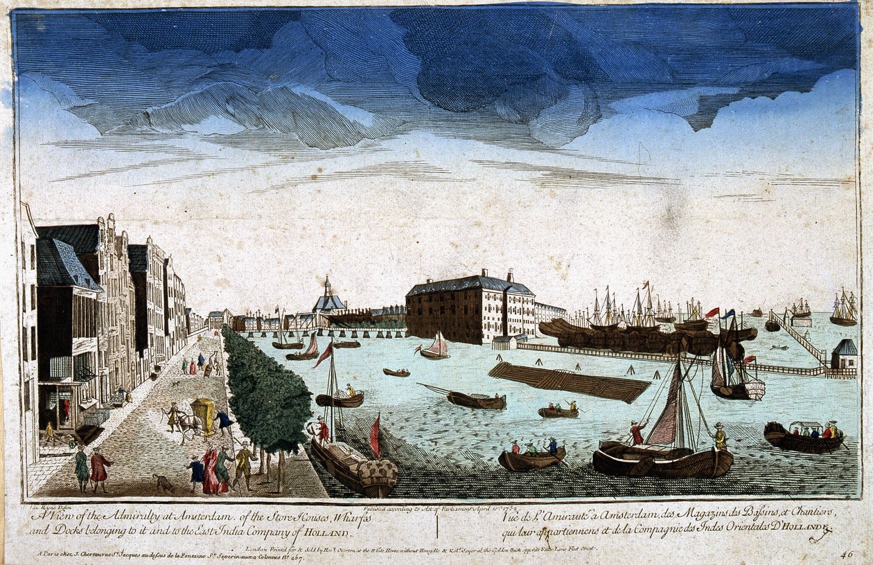 Widok Admiralicji w Amsterdamie na należące do niej Sklepy Zagłębiów i Plac Budowy oraz Kompanię Indii Wschodnich Holandii - Widok optyczny autorstwa Unknown artist