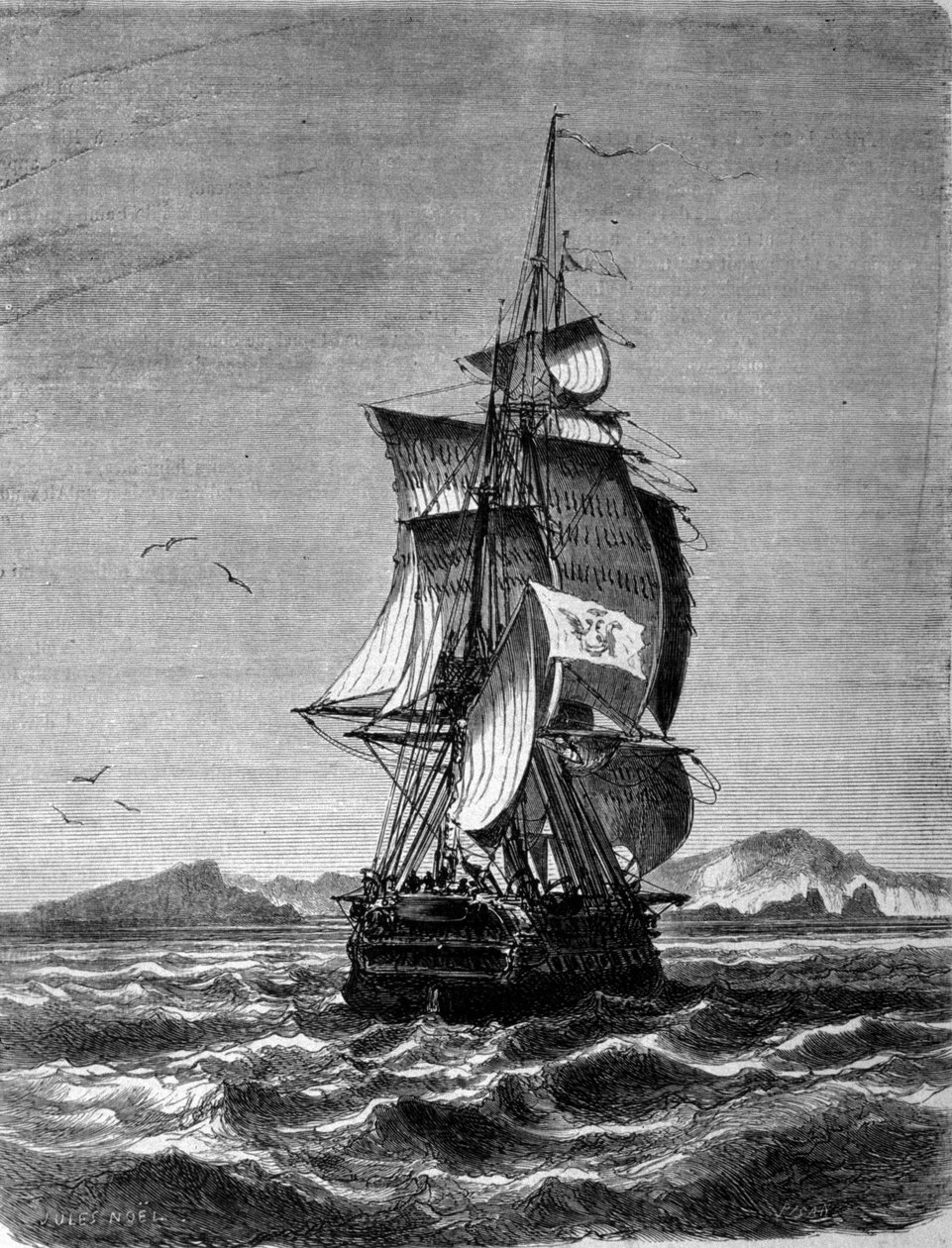 Widok austriackiej fregaty Novara przed wyspą św. Pawła na Oceanie Indyjskim w 1857 roku. Rycina z XIX wieku autorstwa Unknown artist