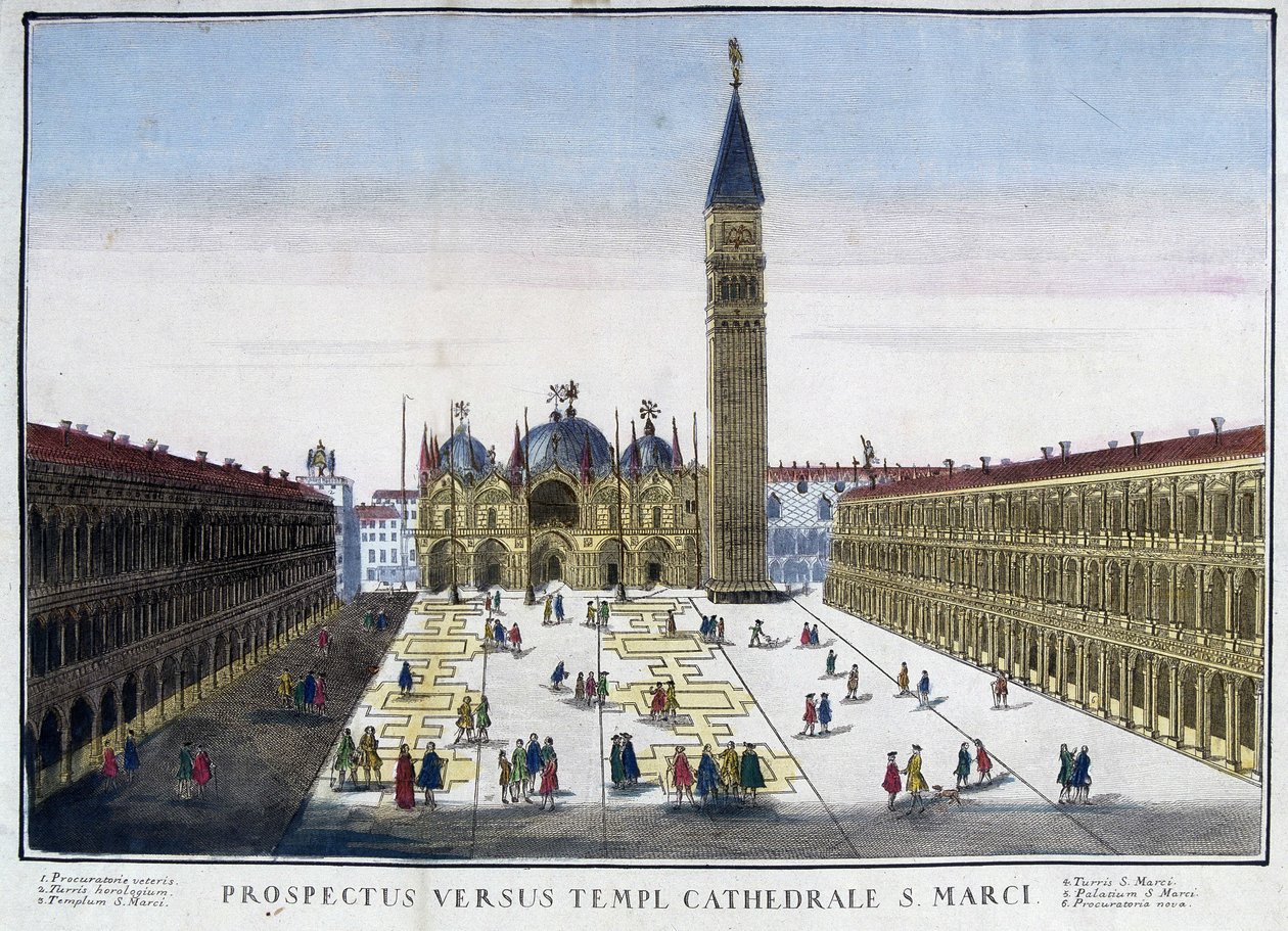 Widok na Bazylikę i Campanile z Placu Świętego Marka (San Marco) w Wenecji, Włochy. Rycina z XVIII wieku. autorstwa Unknown artist