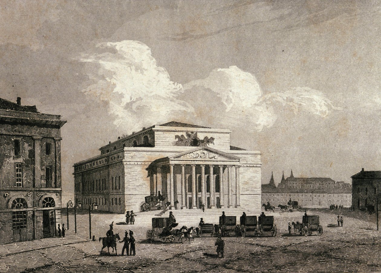 Widok Teatru Bolchoi w Moskwie, Rosja w 1838 r. Rycina XIX w. autorstwa Unknown artist