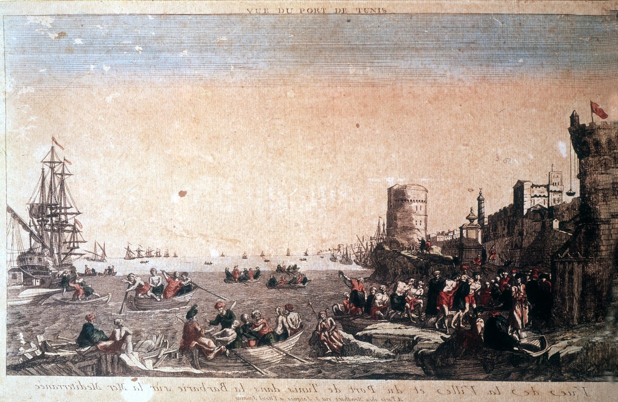 Widok na miasto i port w Tunisie w barbarzyństwie na Morzu Śródziemnym - Pojmani piraci przybywający do Port de la Goulette w Tunisie. Grawerowanie XVIII wieku. autorstwa Unknown artist