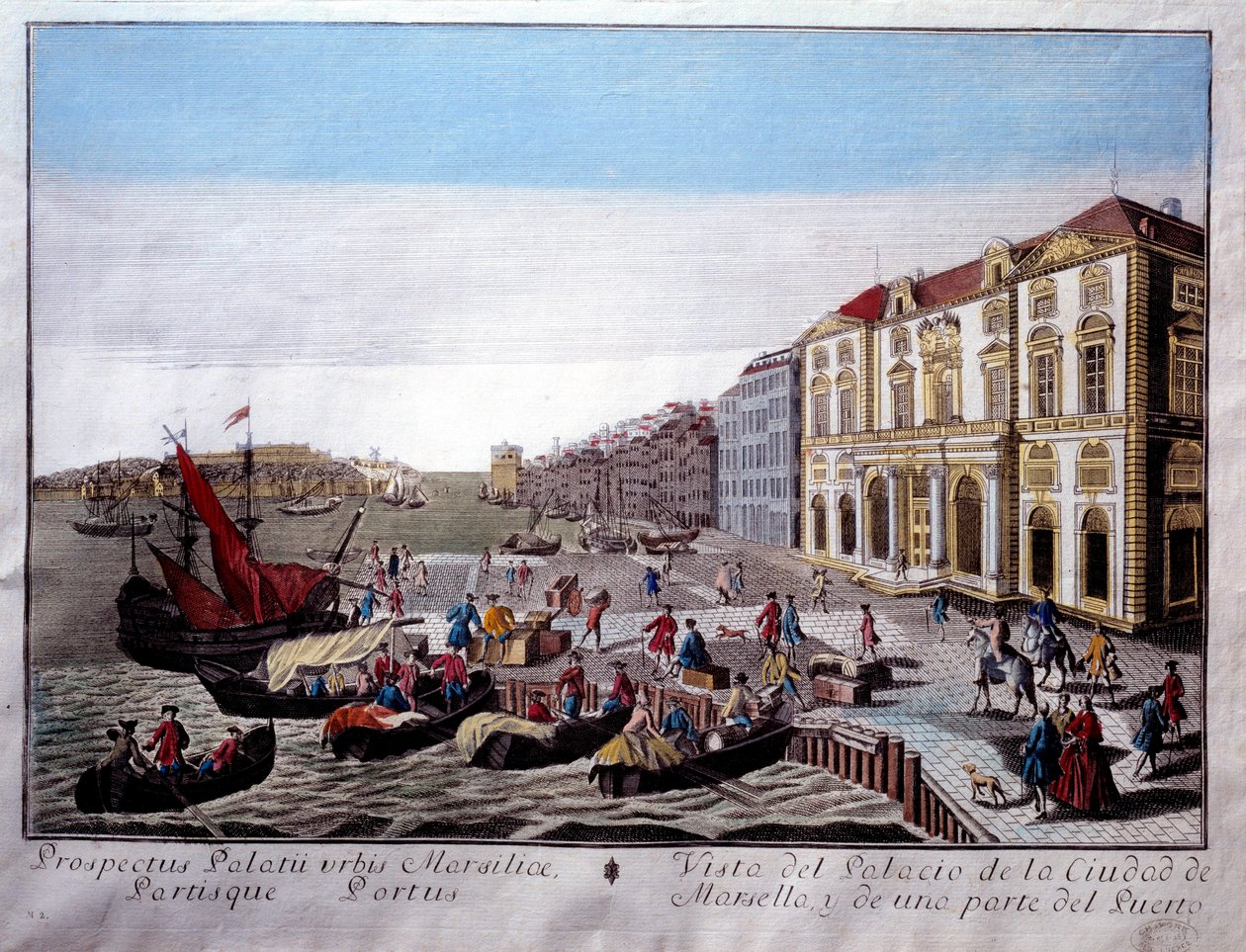 Widok na Hotel de Ville i część portu w Marsylii Scena działalności handlu i rozładunku towarów na doku. Anonimowy grawerunek XVIII-wiecznej Marsylii, Musee de la Marine autorstwa Unknown artist