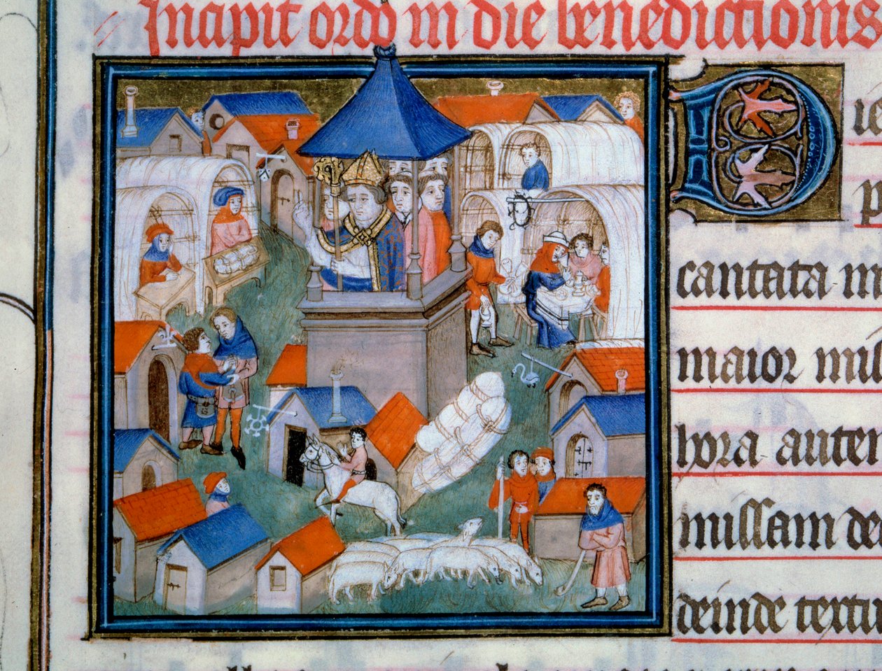 Widok na jarmark Lendit, popularne zgromadzenie i spacery po mieście Saint Denis. Wigilia Paryża pobłogosławiła otwarcie tego wydarzenia. Miniatura z „Pontifical de Sens” XIV-wieczny Paryż, B.N. autorstwa Unknown artist