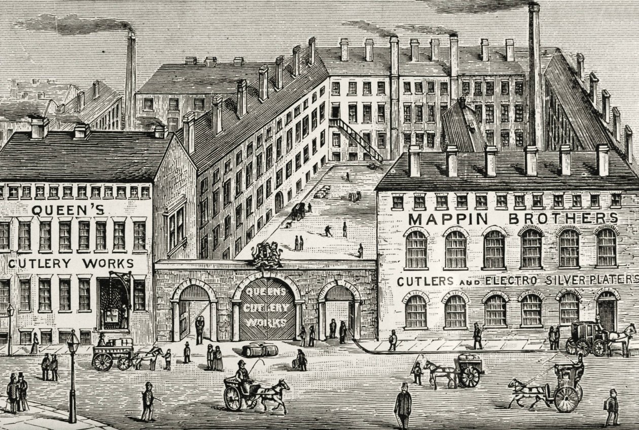 Widok fabryki sztućców Mappin Brothers w Londynie. Szczegół reklamy z 1891 roku. Rycina. autorstwa Unknown artist