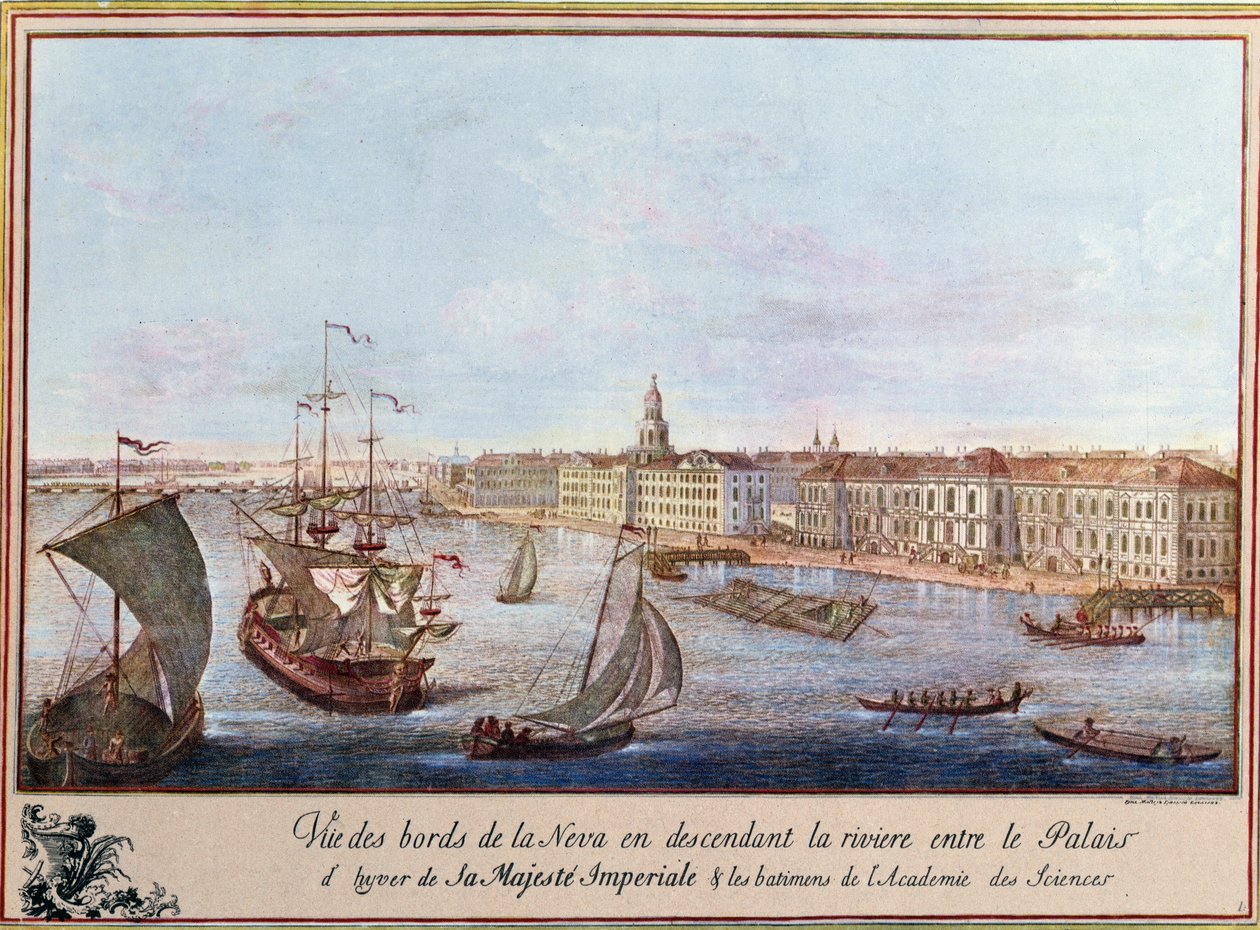 Widok na Newę na Pałac Zimowy i Akademię Nauk w Sankt Petersburgu. Druk ok. 1753 r. Paryż, B.N. autorstwa Unknown artist