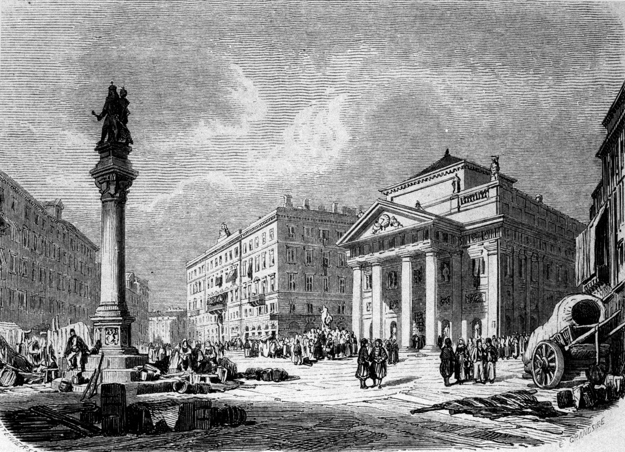 Widok na Place de la Bourse w Trieście (w okresie austriackim), rycina z XIX wieku autorstwa Unknown artist