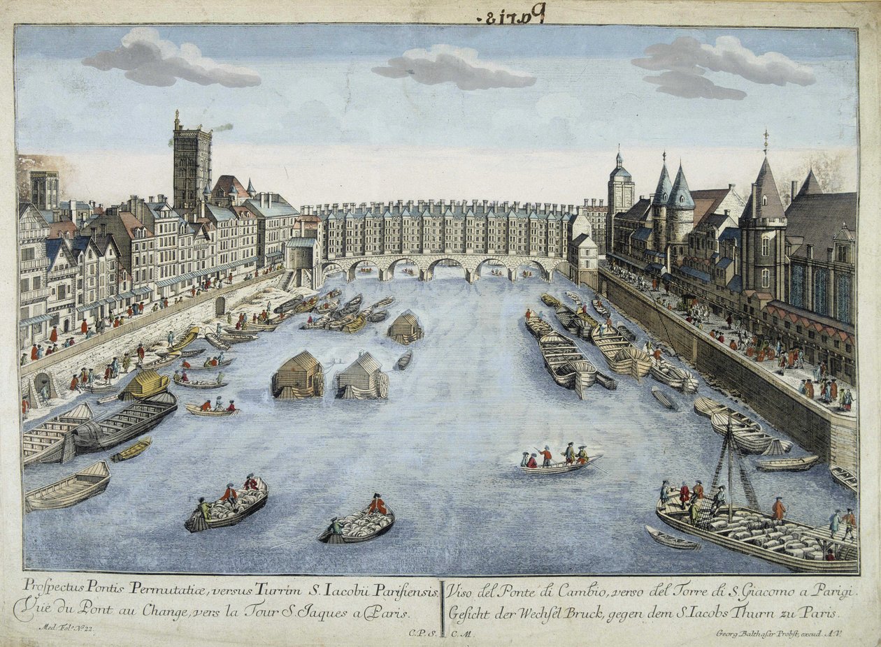 Widok na most Pont au Change i wieżę St Jacques w Paryżu autorstwa Unknown artist