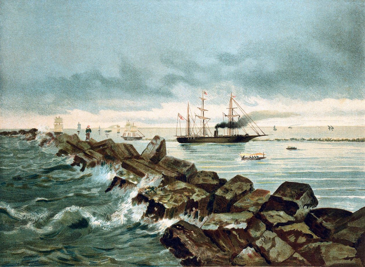 Widok na Kanał Sueski inauguruje 17.09.1869. Chromolitografia XIX wieku autorstwa Unknown artist